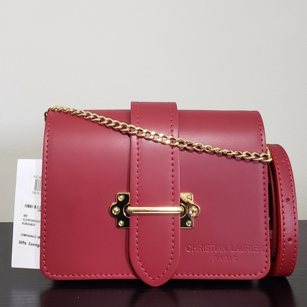 NWT! CHRISTIAN LAURIER PARIS CONVERTIBLE BURGUNDY TORY LEATHER CROSSBODY BAG